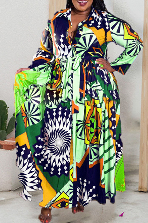 Green Casual Print Split Joint Buckle With Belt Turndown Collar Straight Plus Size Dresses