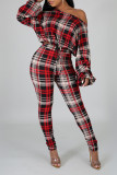 Rose Red Casual Print Patchwork Draw String O Neck Long Sleeve Two Pieces