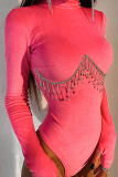 Rose Red Sexy Patchwork Rhinestone Half A Turtleneck Skinny Bodysuits