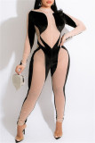 Blue Fashion Sexy Patchwork Hot Drilling See-through Half A Turtleneck Skinny Jumpsuits