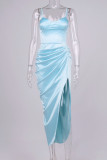 Blue Sexy Elegant Solid Patchwork Fold Asymmetrical Spaghetti Strap Sling Dress Dresses