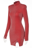 Red Sexy Print Patchwork Turtleneck Pencil Skirt Dresses