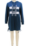 Blue Casual Letter Print Patchwork Draw String Hooded Collar Straight Dresses