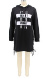 Blue Casual Letter Print Patchwork Draw String Hooded Collar Straight Dresses
