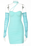 Blue Sexy Solid Mesh Strapless Pencil Skirt Dresses