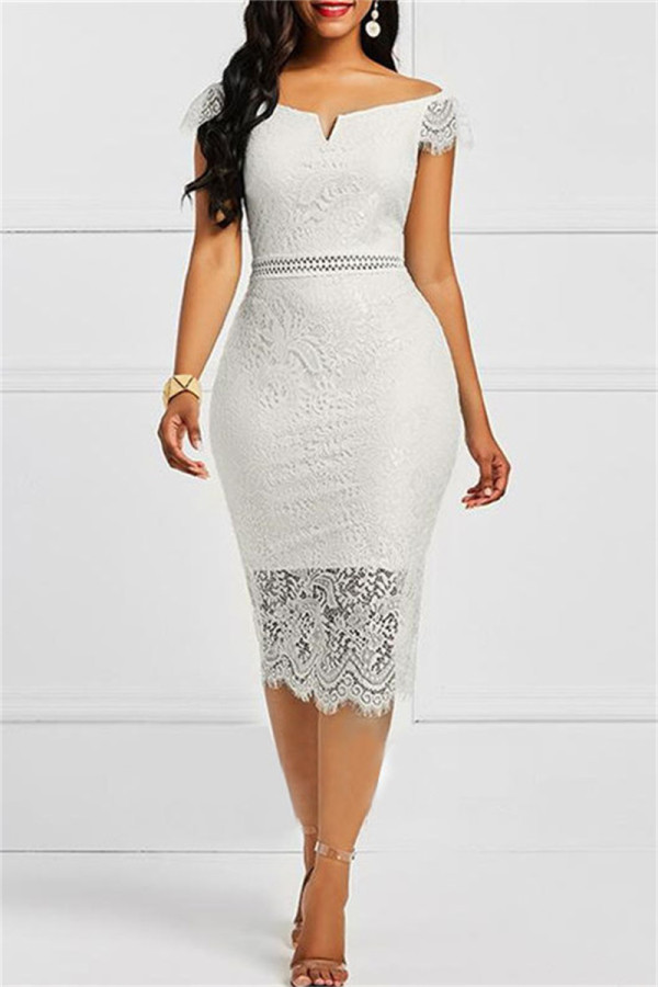 White Fashion Sexy Patchwork Lace V Neck Short Sleeve Dress