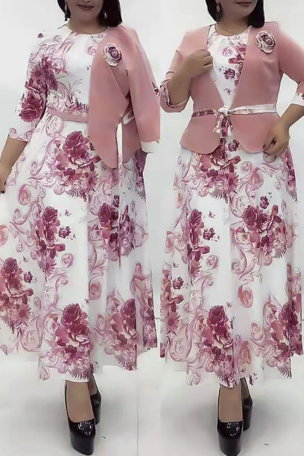 Pink Casual Print Patchwork O Neck Half Sleeve Two Pieces