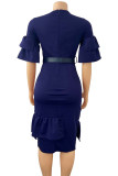 Red Casual Solid Patchwork Flounce Asymmetrical O Neck Straight Dresses