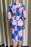 Blue Pink Casual Print Patchwork O Neck One Step Skirt Dresses