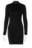 Black Sexy Solid Zipper Half A Turtleneck Pencil Skirt Dresses