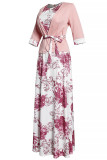 Pink Casual Print Patchwork O Neck Half Sleeve Two Pieces