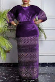 Purple Casual Solid Bandage Patchwork Hot Drill O Neck Plus Size Two Pieces