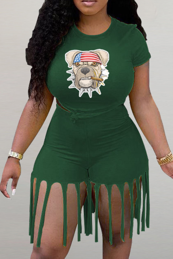 Army Green Casual Print Tassel Patchwork O Neck Short Sleeve Two Pieces