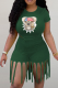 Army Green Casual Print Tassel Patchwork O Neck Short Sleeve Two Pieces
