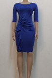 Blue Casual Solid Patchwork Flounce O Neck One Step Skirt Dresses