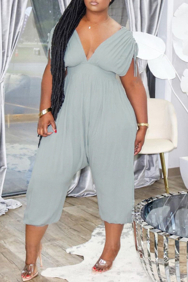 Grey Fashion Casual Solid Draw String V Neck Regular Jumpsuits