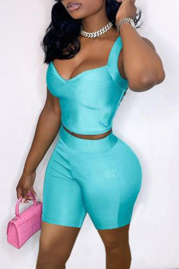 Light Blue Sexy Casual Solid Backless V Neck Sleeveless Two Pieces