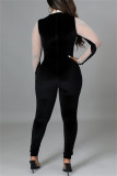 Blue Fashion Sexy Patchwork Hot Drilling See-through Half A Turtleneck Skinny Jumpsuits