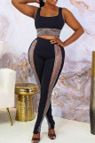 Black Sexy Solid Patchwork Hot Drill U Neck Two Pieces