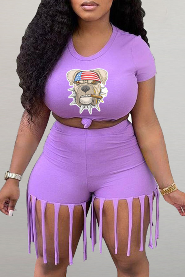 Purple Casual Print Tassel Patchwork O Neck Short Sleeve Two Pieces