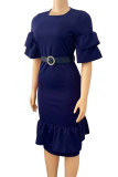 Red Casual Solid Patchwork Flounce Asymmetrical O Neck Straight Dresses