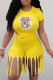 Yellow Casual Print Tassel Patchwork O Neck Short Sleeve Two Pieces