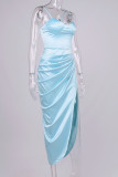 Blue Sexy Elegant Solid Patchwork Fold Asymmetrical Spaghetti Strap Sling Dress Dresses