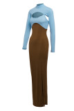Orange Fashion Sexy Patchwork Solid Hollowed Out Slit Turtleneck Long Sleeve Two Pieces