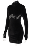 Grey Sexy Solid Rhinestone Half A Turtleneck Pencil Skirt Dresses