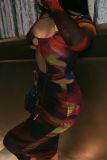 Colour Sexy Print Patchwork O Neck Pencil Skirt Dresses