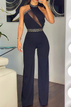 Black Sexy Print Split Joint See-through O Neck Straight Jumpsuits