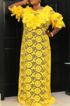 Yellow Casual Solid Hollowed Out Split Joint Flounce O Neck Straight Plus Size Two Pieces