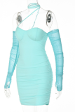 Blue Sexy Solid Mesh Strapless Pencil Skirt Dresses