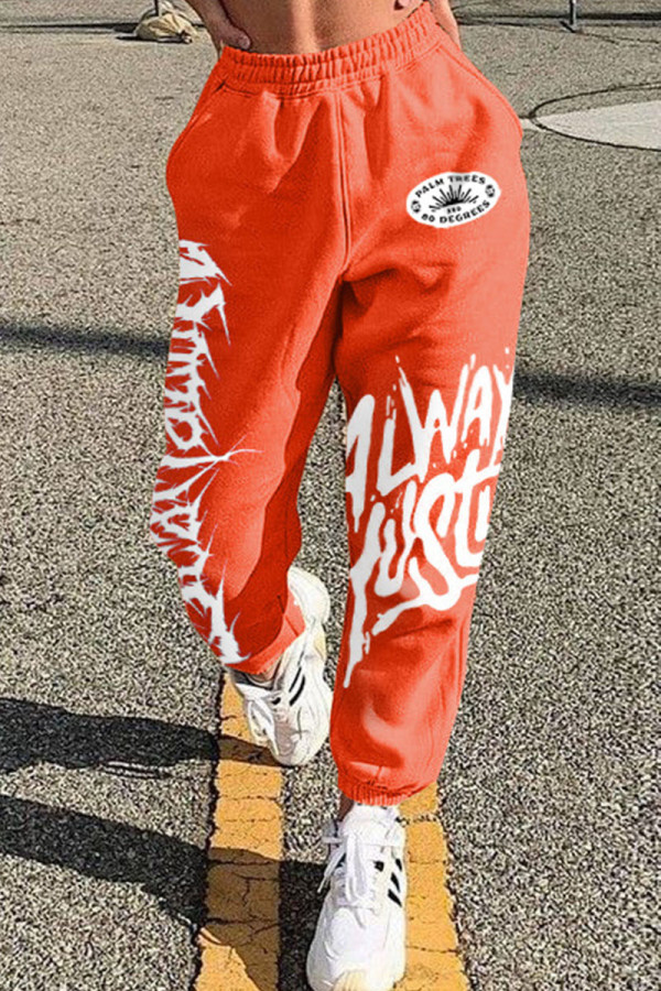 Tangerine Red Casual Street Print Patchwork Straight High Waist Straight Positioning Print Bottoms