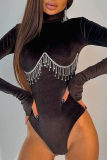 Rose Red Sexy Patchwork Rhinestone Half A Turtleneck Skinny Bodysuits