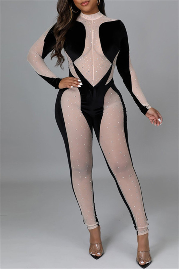 Black Fashion Sexy Patchwork Hot Drilling See-through Half A Turtleneck Skinny Jumpsuits