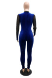 Blue Fashion Sexy Patchwork Hot Drilling See-through Half A Turtleneck Skinny Jumpsuits