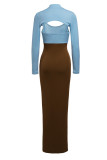 Orange Fashion Sexy Patchwork Solid Hollowed Out Slit Turtleneck Long Sleeve Two Pieces