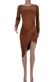 Brown Casual Solid Split Joint Asymmetrical Stringy Selvedge O Neck Irregular Dress Dresses