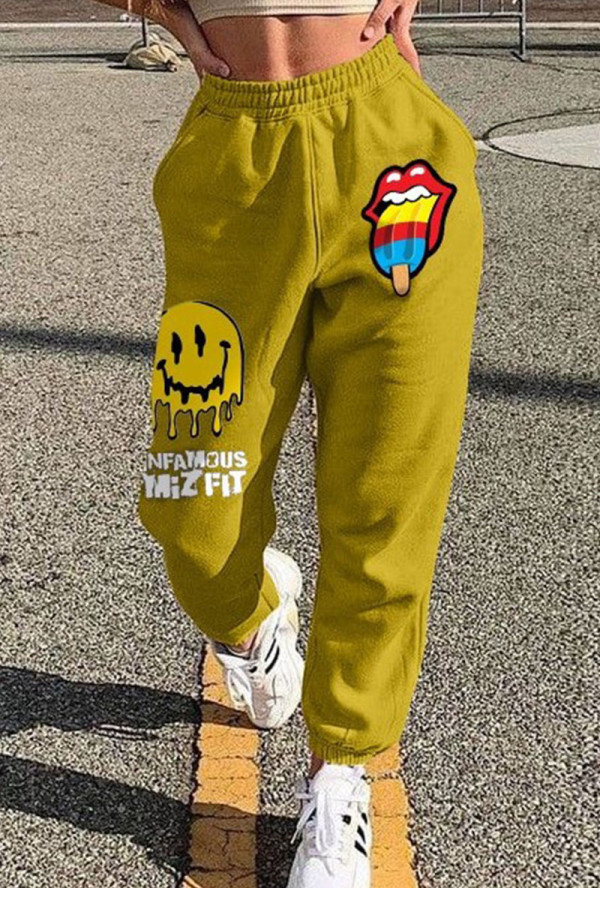 Yellow Casual Street Print Patchwork Straight High Waist Straight Positioning Print Bottoms