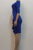 Blue Casual Solid Patchwork Flounce O Neck One Step Skirt Dresses