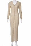 Camel Sexy Buckle V Neck Pencil Skirt Dresses