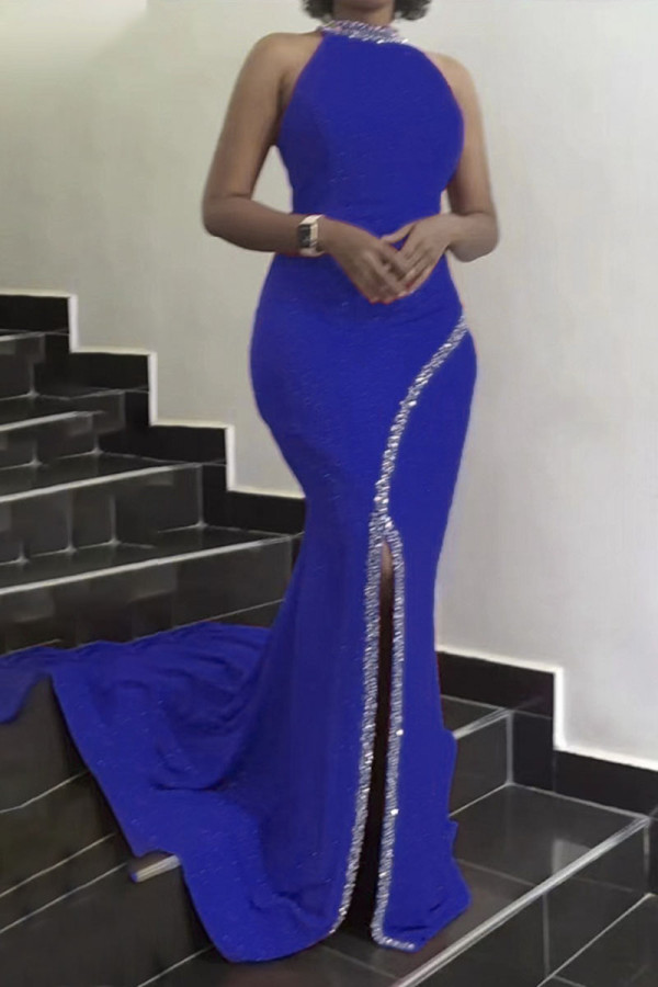 Blue Sexy Elegant Solid Patchwork Without Belt Hot Drill Halter Trumpet Mermaid Dresses