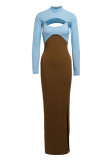Orange Fashion Sexy Patchwork Solid Hollowed Out Slit Turtleneck Long Sleeve Two Pieces