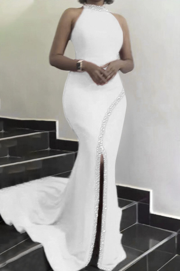 White Sexy Elegant Solid Patchwork Without Belt Hot Drill Halter Trumpet Mermaid Dresses