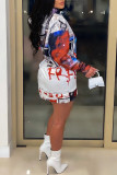 White Casual Print Patchwork Hooded Collar Long Sleeve Dresses