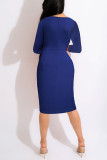 Blue Casual Solid Patchwork Flounce O Neck One Step Skirt Dresses