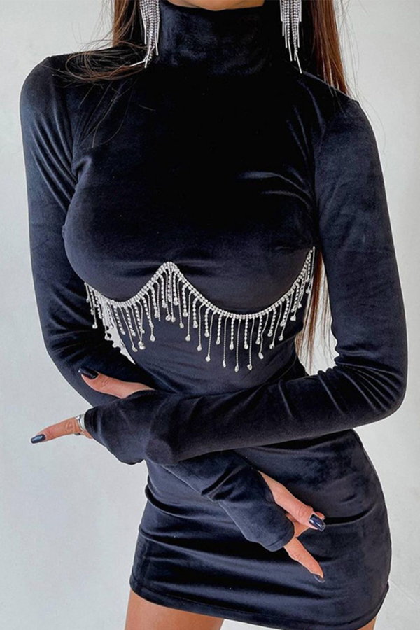 Black Sexy Solid Rhinestone Half A Turtleneck Pencil Skirt Dresses