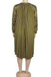 Army Green Casual Print Split Joint Fold O Neck A Line Dresses