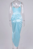 Brown Sexy Elegant Solid Patchwork Fold Asymmetrical Spaghetti Strap Sling Dress Dresses